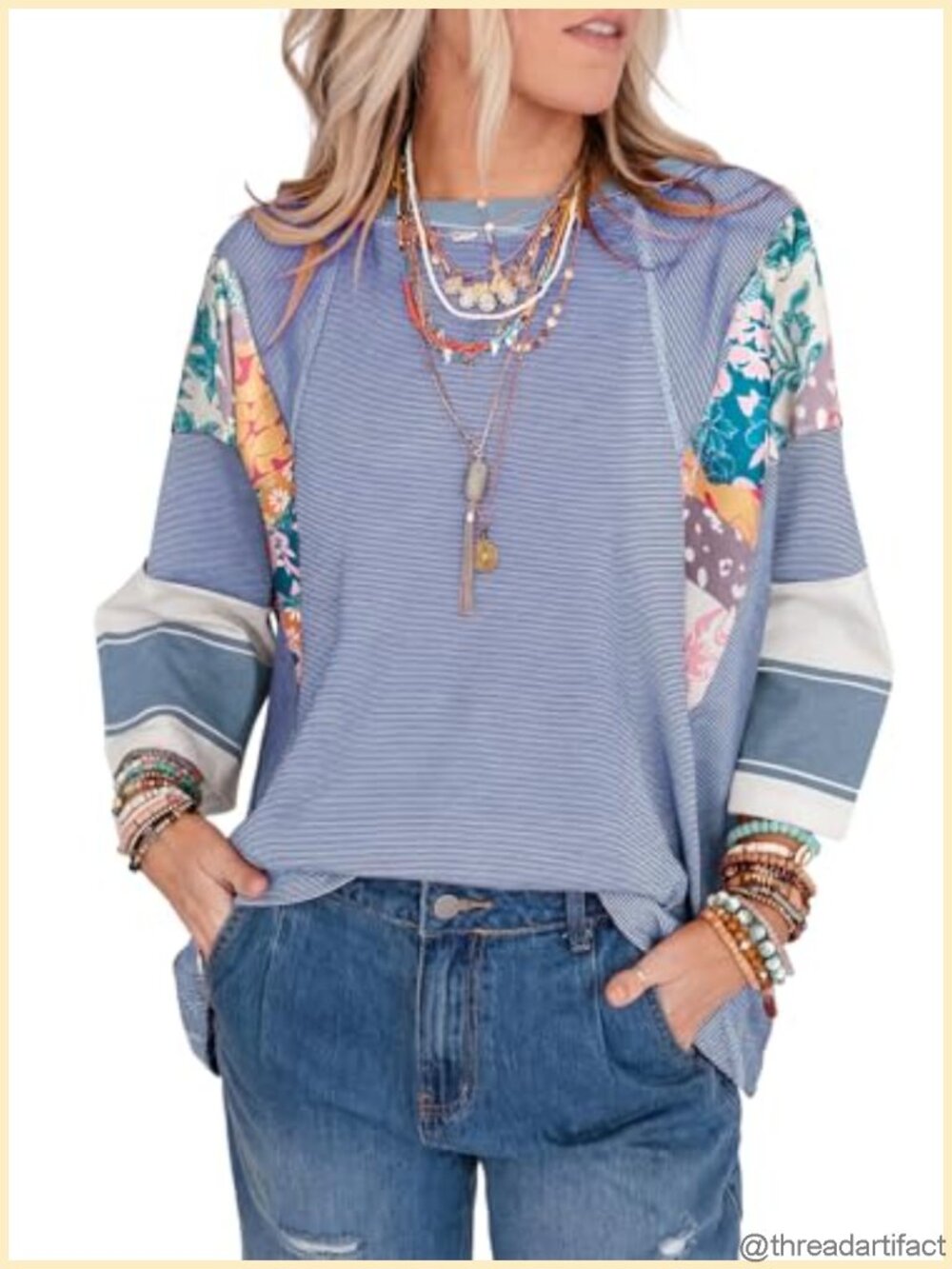Boho Patchwork Blouse 3/4 Sleeve Striped Pullover Top